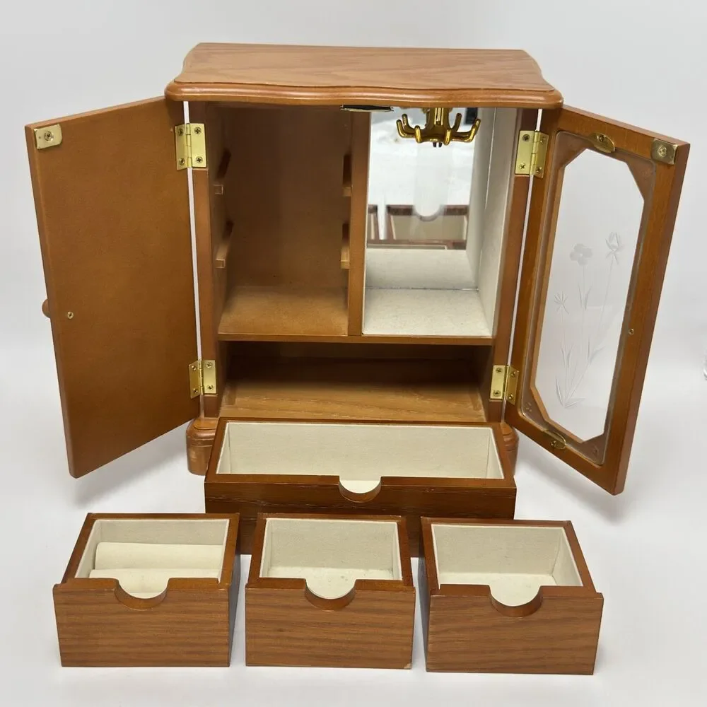 Vintage Wooden Jewelry Box Armoire Wood Tabletop Jewelry Organizer With Mirror